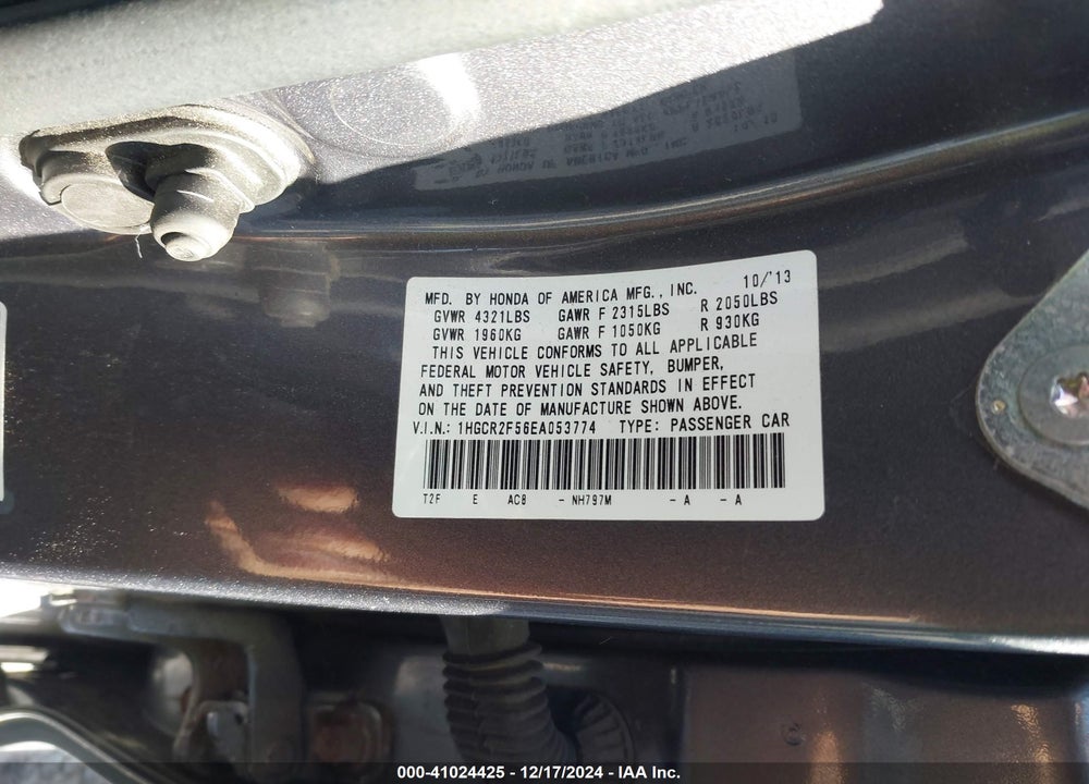 2014 HONDA ACCORD SPORT VIN: 1HGCR2F56EA053774