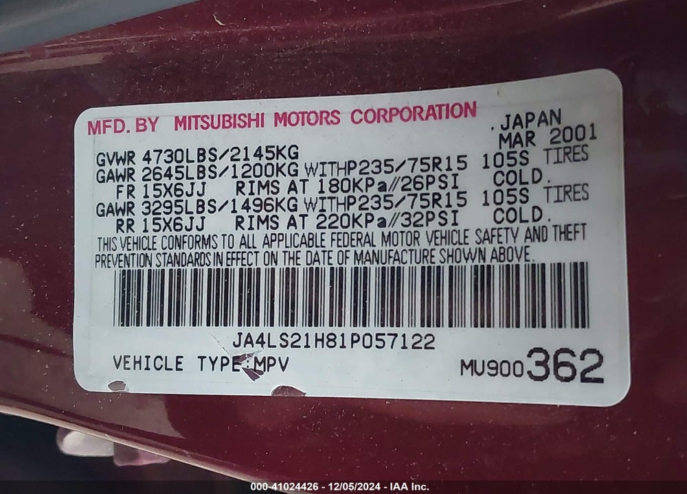 2001 MITSUBISHI MONTERO SPORT ES/LS VIN: JA4LS21H81P057122