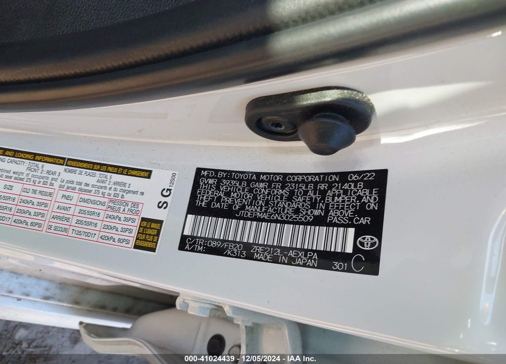 2022 TOYOTA COROLLA VIN: JTDEPMAE6N3025509