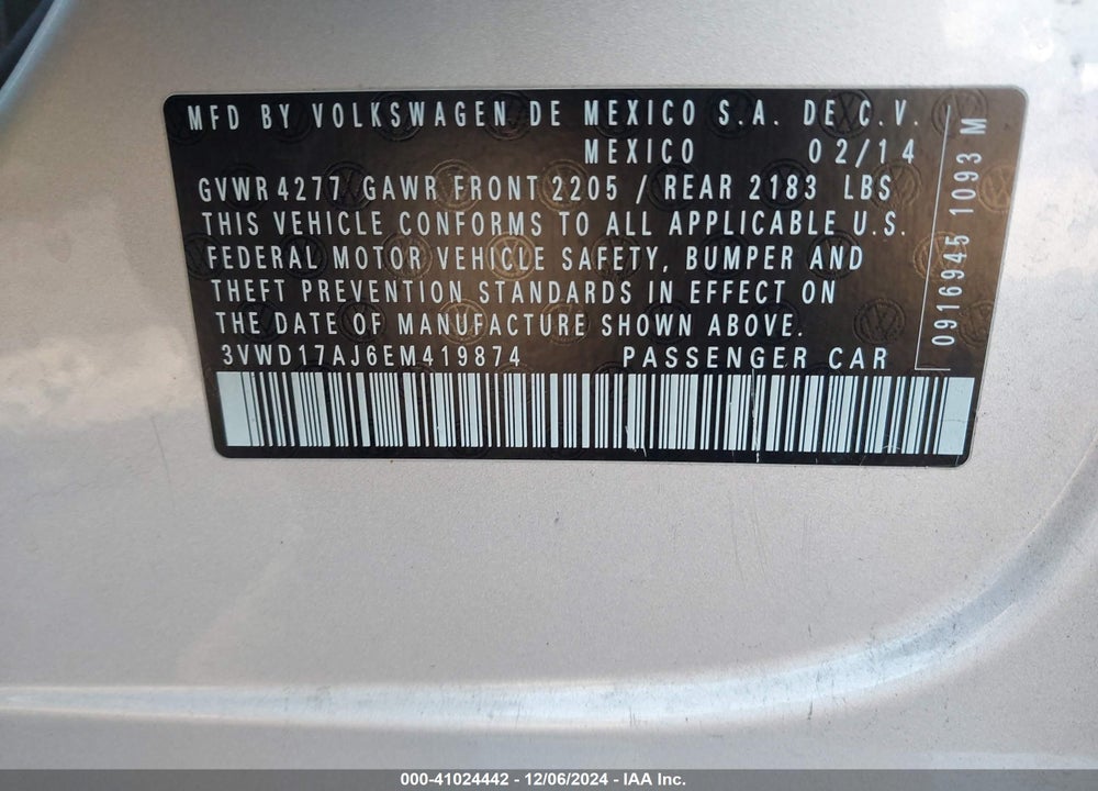 2014 VOLKSWAGEN JETTA 1.8T SE VIN: 3VWD17AJ6EM419874