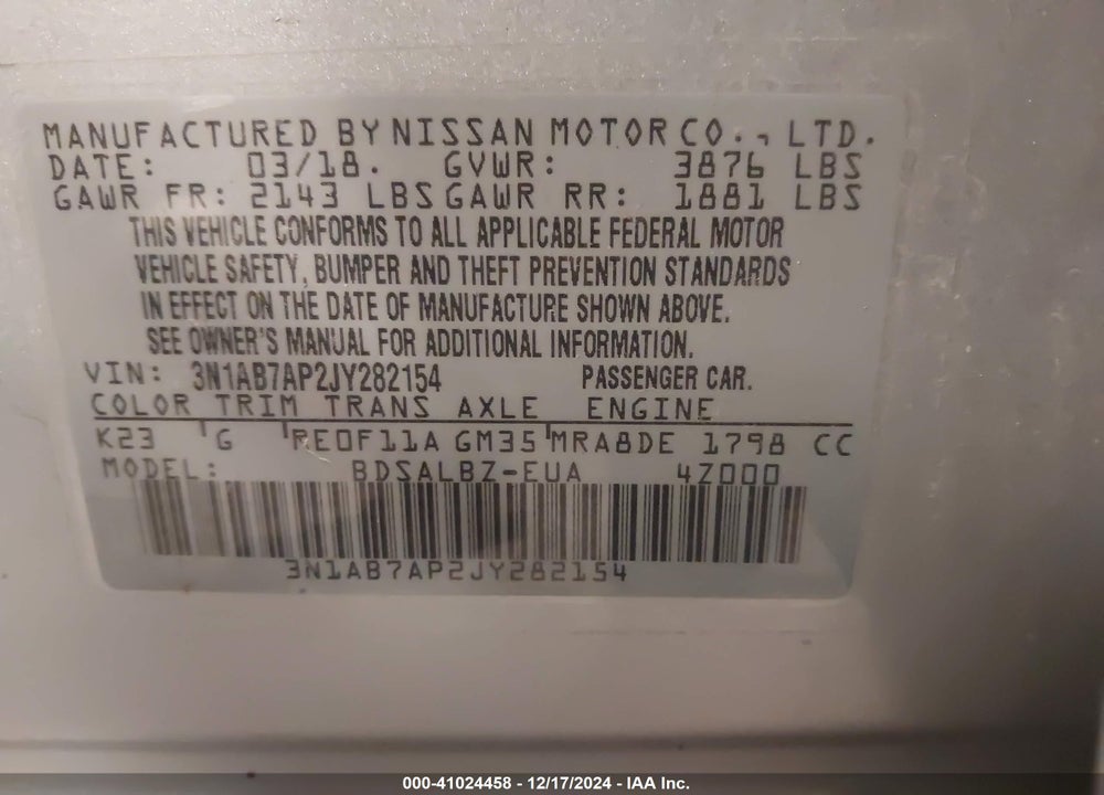 2018 NISSAN SENTRA VIN: 3N1AB7AP2JY282154