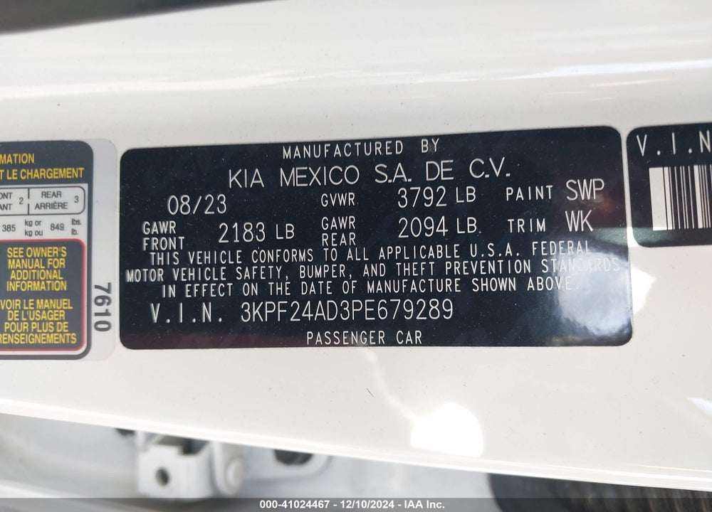2023 KIA FORTE VIN: 3KPF24AD3PE679289