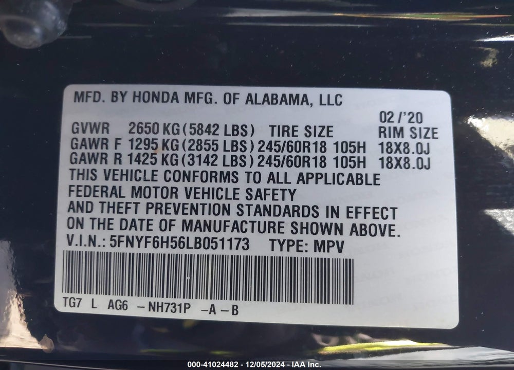 2020 HONDA PILOT AWD EX-L VIN: 5FNYF6H56LB051173