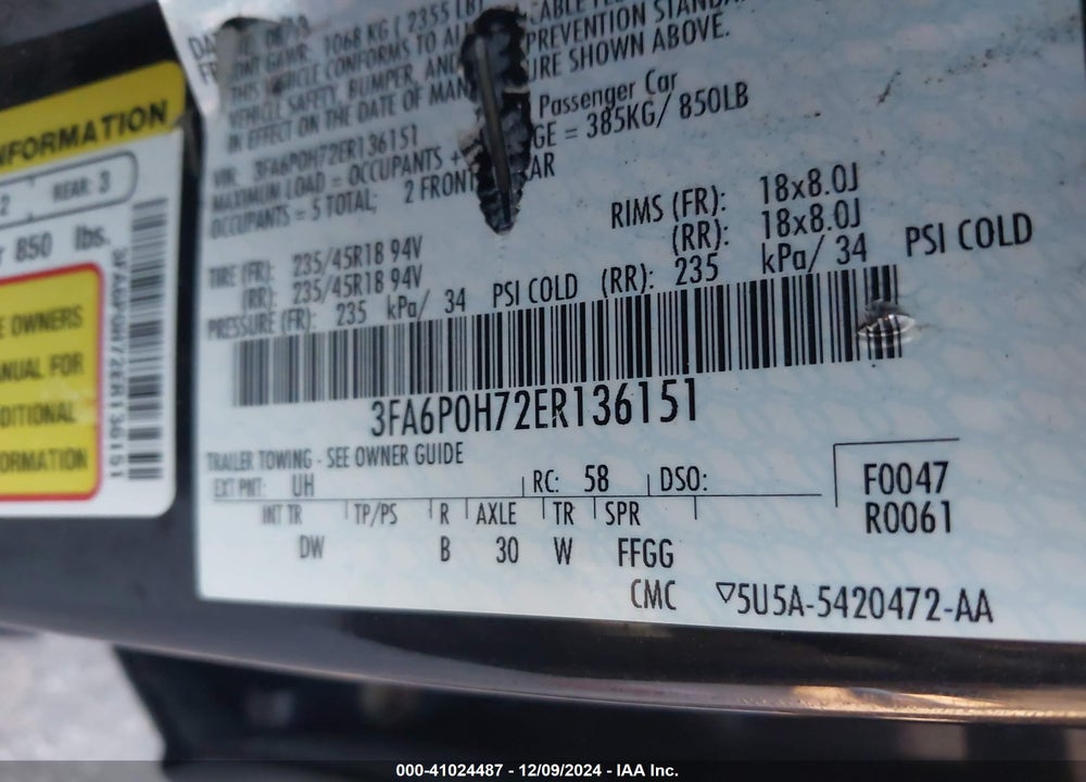 2014 FORD FUSION VIN: 3FA6P0H72ER136151