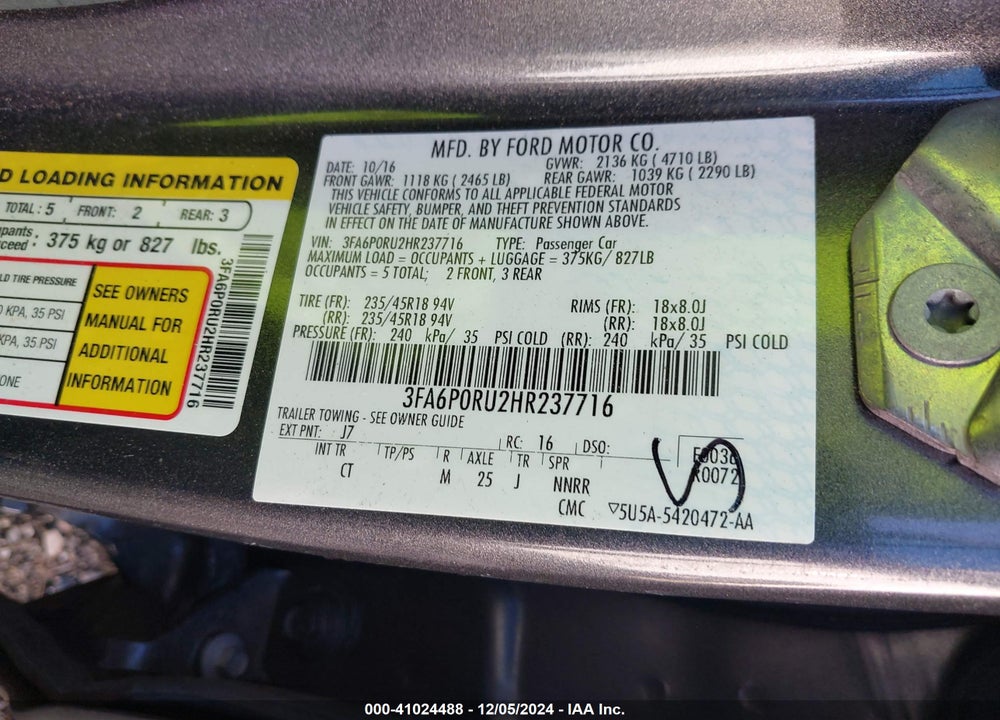 2017 FORD FUSION HYBRID TITANIUM VIN: 3FA6P0RU2HR237716
