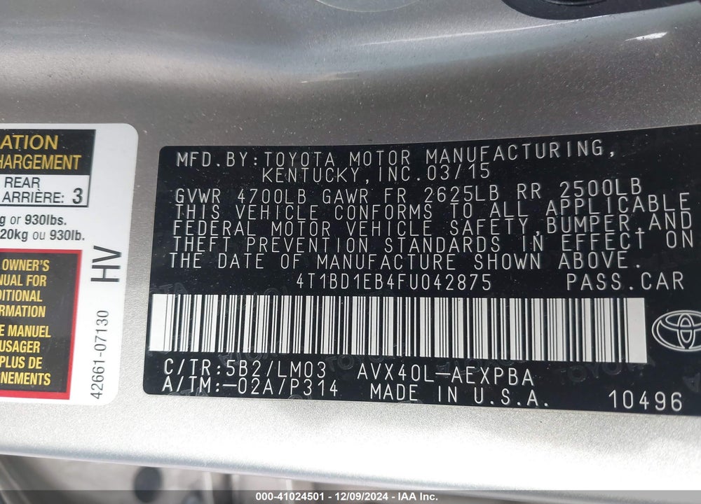 2015 TOYOTA AVALON HYBRID LIMITED VIN: 4T1BD1EB4FU042875