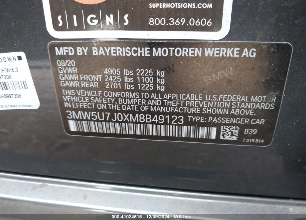 2021 BMW 3 SERIES M340I VIN: 3MW5U7J0XM8B49123