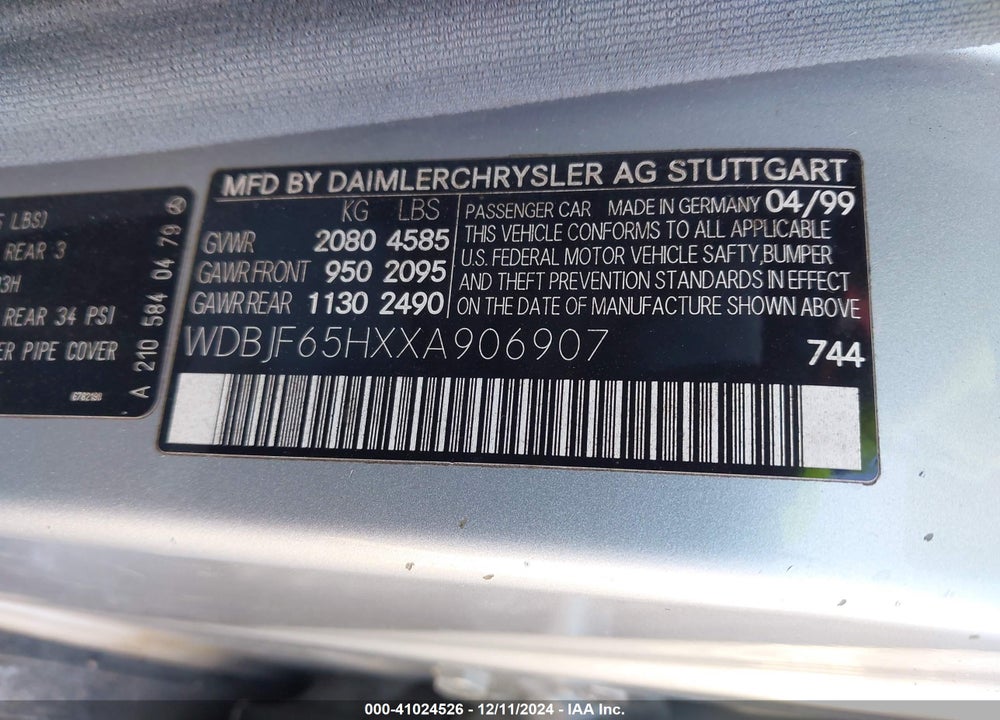 1999 MERCEDES-BENZ E 320 VIN: WDBJF65HXXA906907