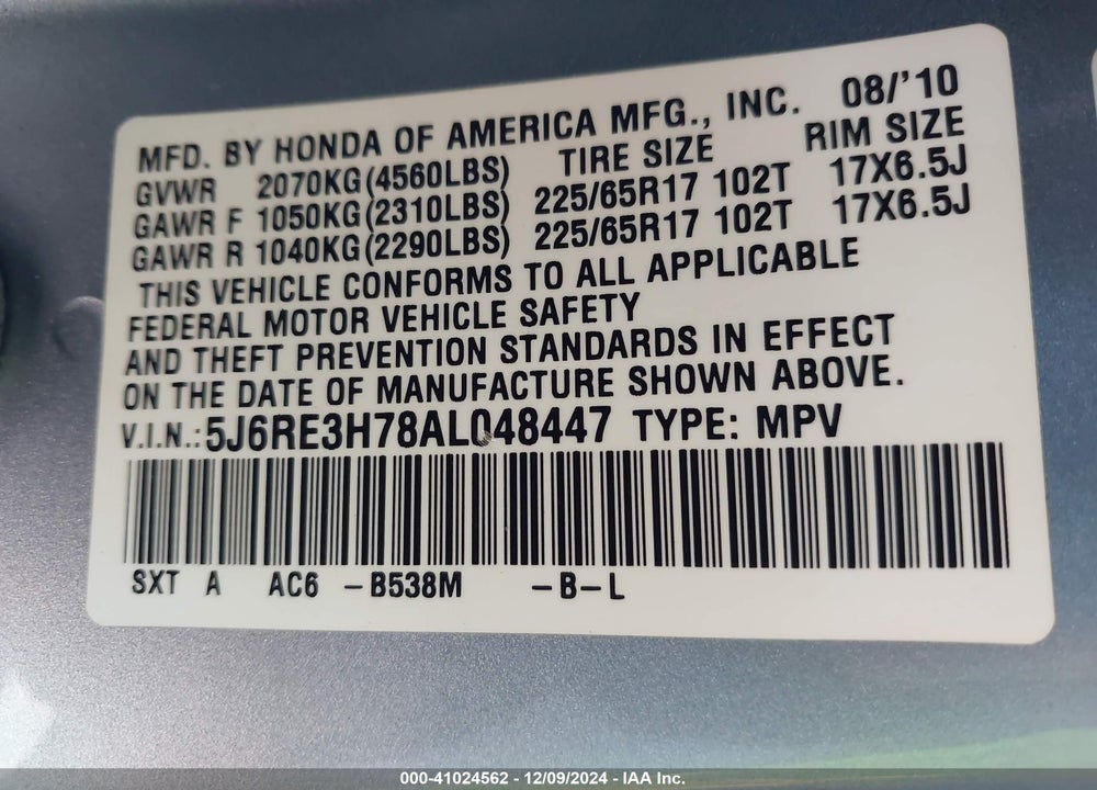 2010 HONDA CR-V EX-L VIN: 5J6RE3H78AL048447