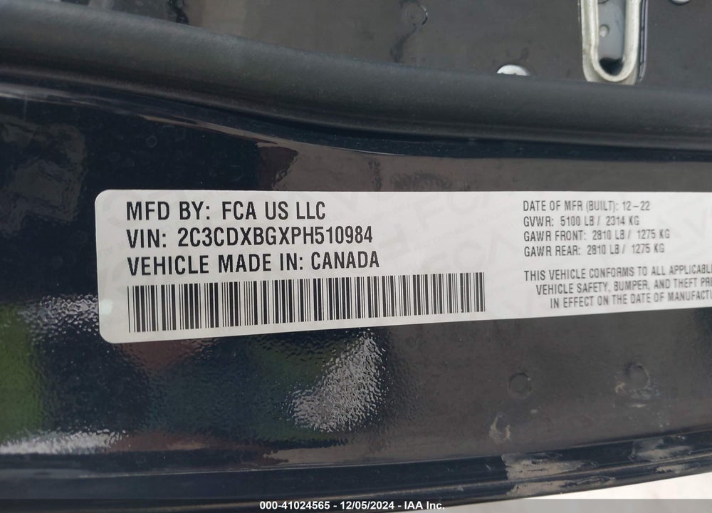 2023 DODGE CHARGER SXT VIN: 2C3CDXBGXPH510984