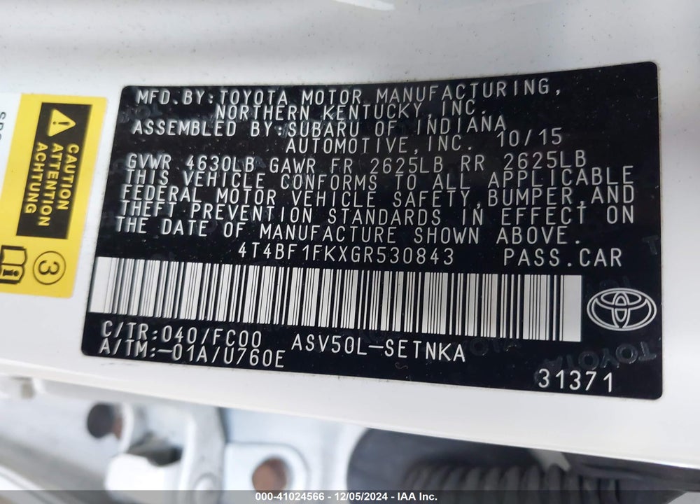 2016 TOYOTA CAMRY LE/XLE/SE/XSE VIN: 4T4BF1FKXGR530843