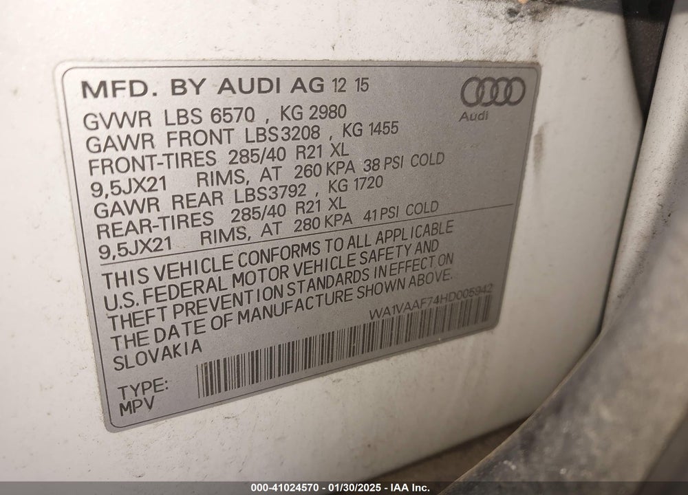 2017 AUDI Q7 3.0T PREMIUM VIN: WA1VAAF74HD005942