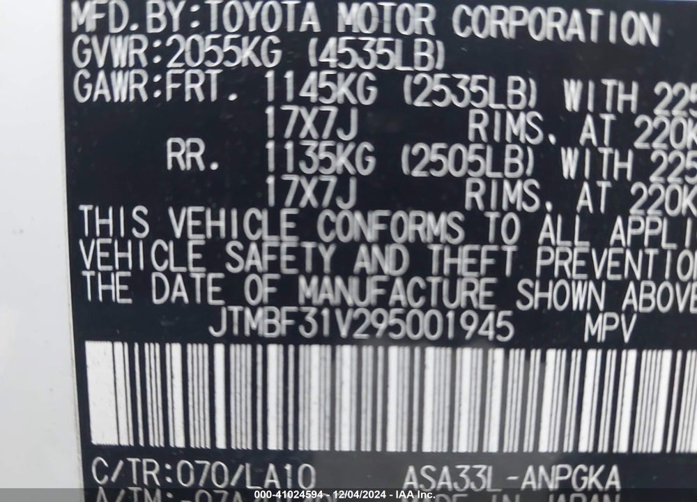 2009 TOYOTA RAV4 LTD VIN: JTMBF31V295001945