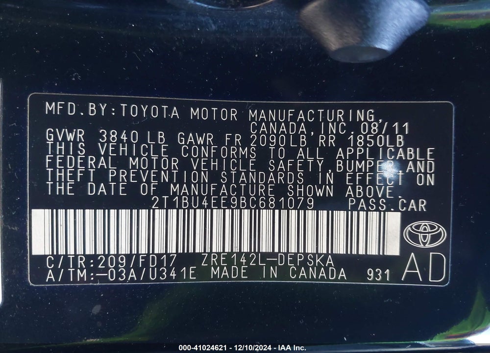 2011 TOYOTA COROLLA S VIN: 2T1BU4EE9BC681079