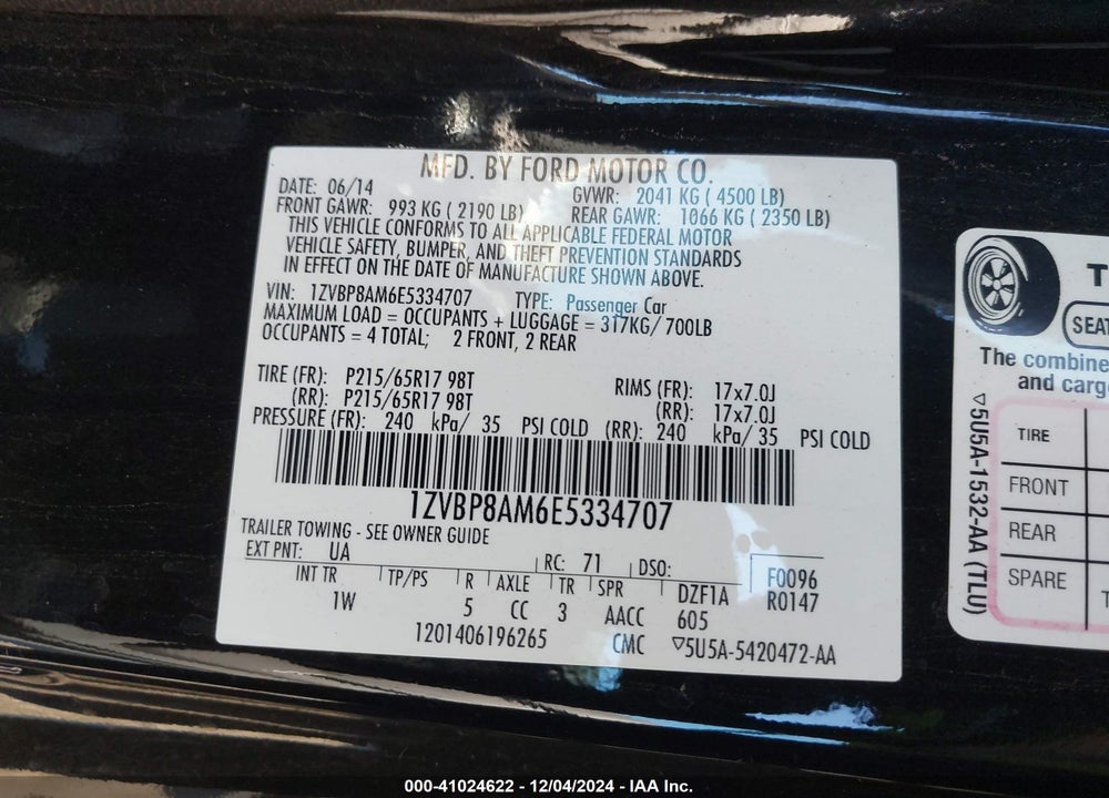 2014 FORD MUSTANG V6 VIN: 1ZVBP8AM6E5334707