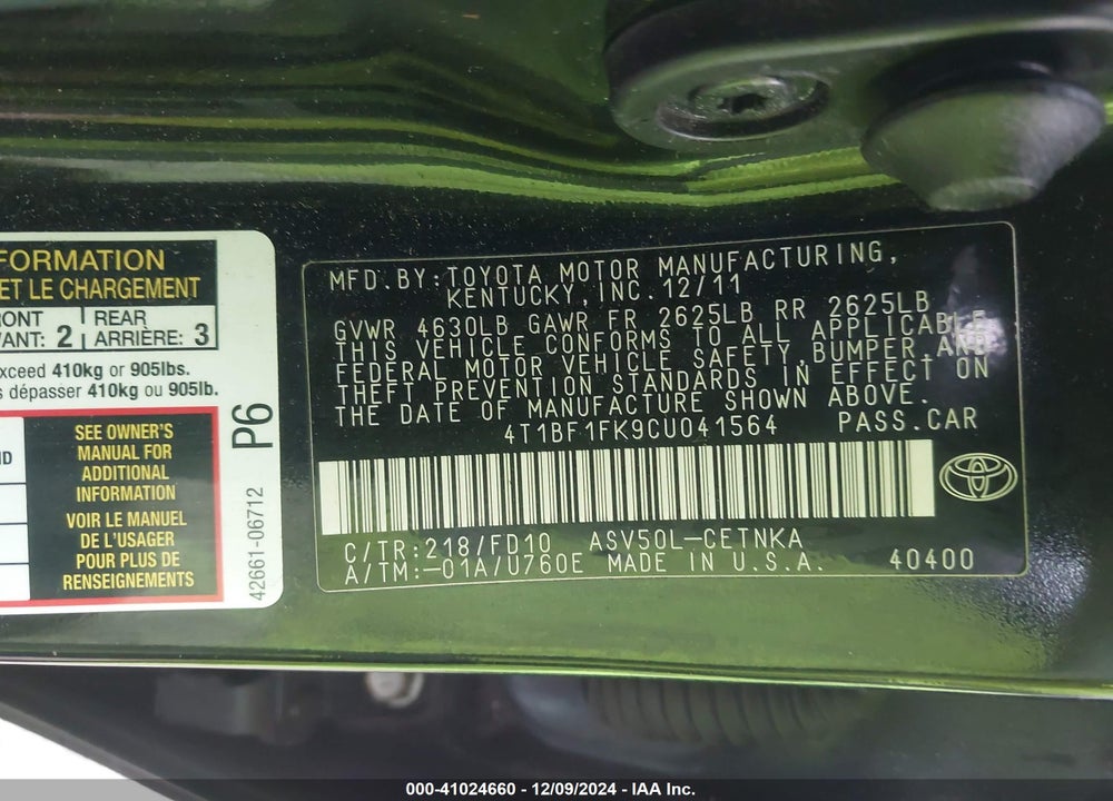 2012 TOYOTA CAMRY LE VIN: 4T1BF1FK9CU041564