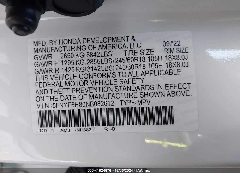 2022 HONDA PILOT AWD TRAILSPORT VIN: 5FNYF6H80NB082612