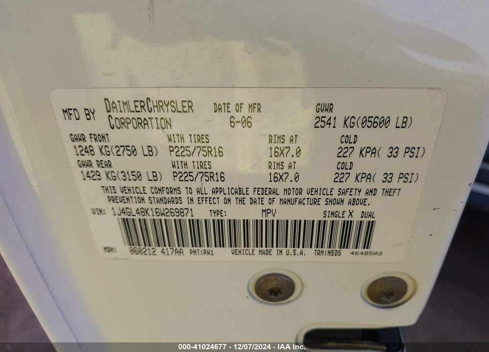 2006 JEEP LIBERTY SPORT VIN: 1J4GL48K16W269871