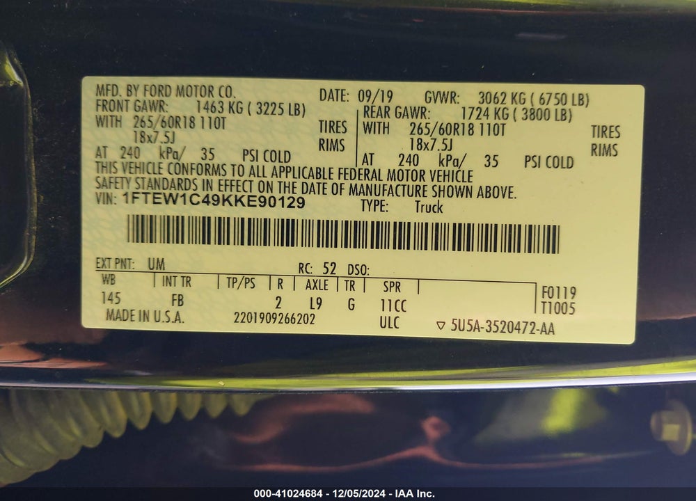 2019 FORD F-150 XLT VIN: 1FTEW1C49KKE90129