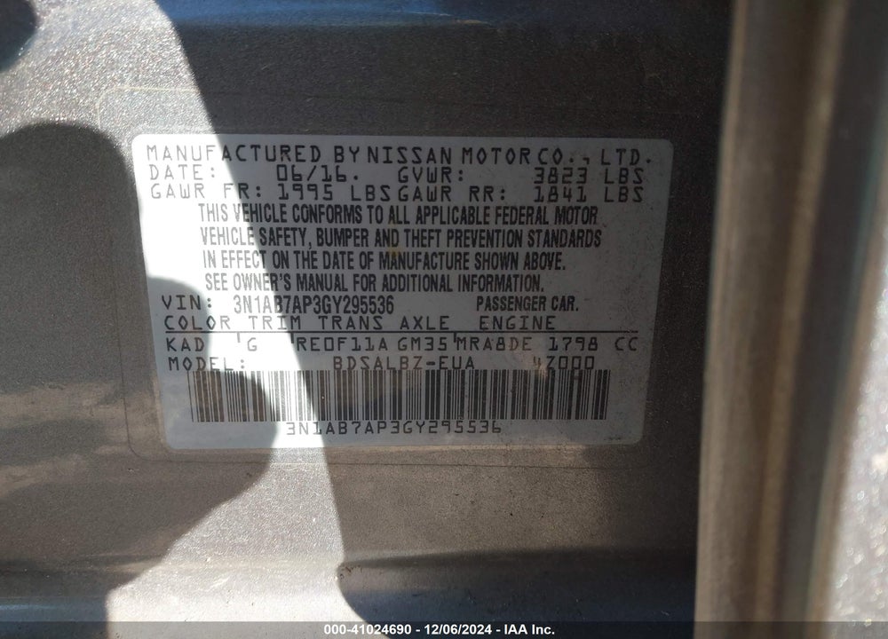 2016 NISSAN SENTRA S VIN: 3N1AB7AP3GY295536
