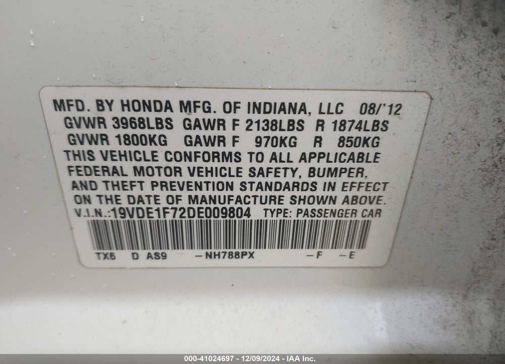 2013 ACURA ILX 2.0L VIN: 19VDE1F72DE009804