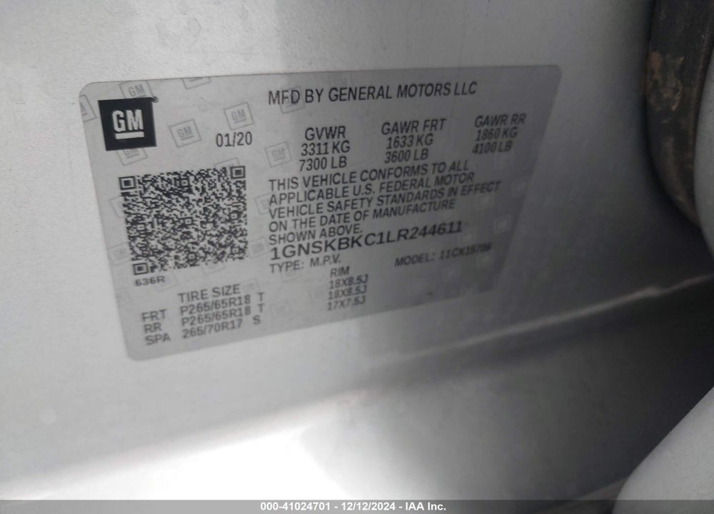 2020 CHEVROLET TAHOE VIN: 1GNSKBKC1LR244611