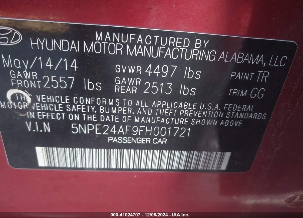 2015 HYUNDAI SONATA SE VIN: 5NPE24AF9FH001721