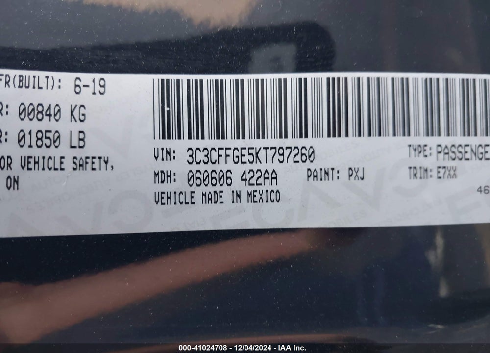 2019 FIAT 500E BATTERY ELECTRIC VIN: 3C3CFFGE5KT797260