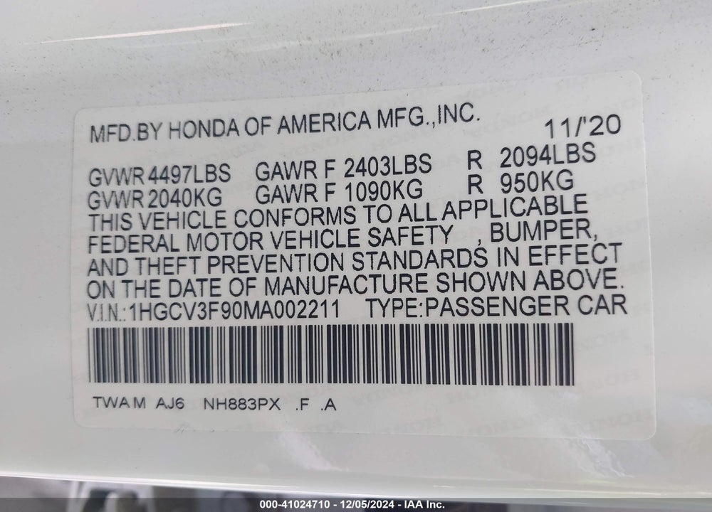 2021 HONDA ACCORD HYBRID TOURING VIN: 1HGCV3F90MA002211