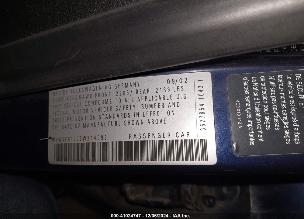 2003 VOLKSWAGEN JETTA GLS 1.8T VIN: WVWSE61J03W214993