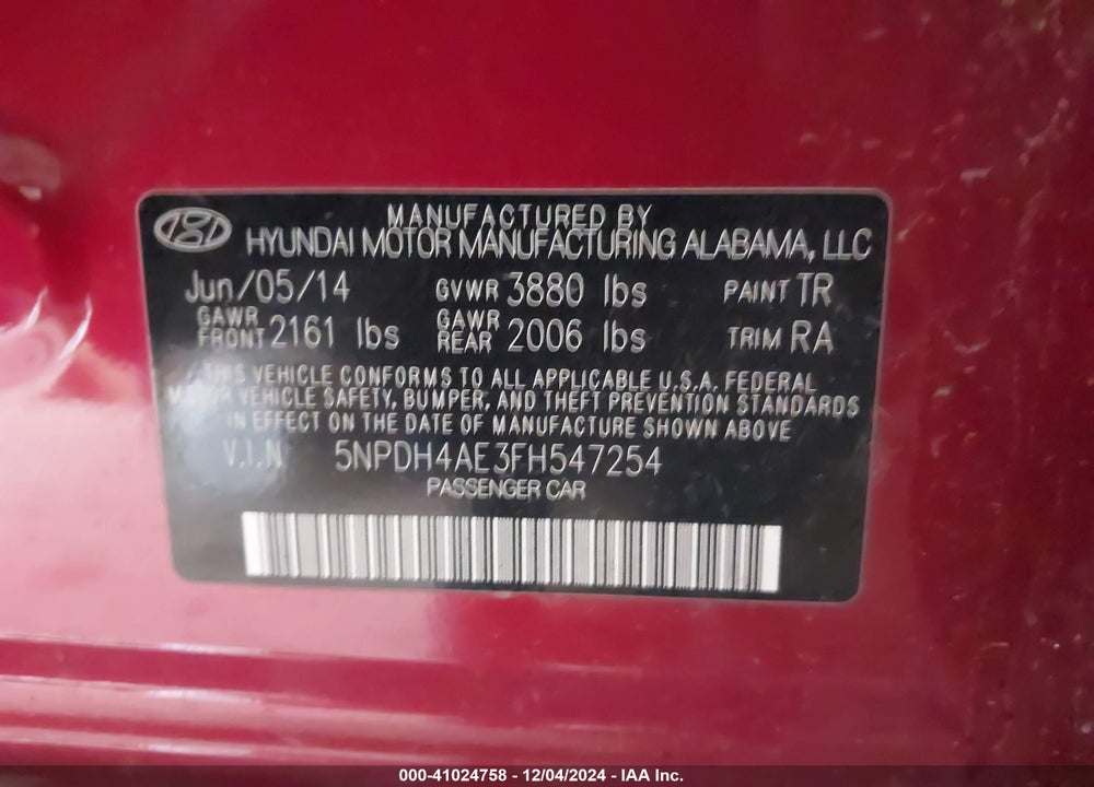 2015 HYUNDAI ELANTRA SE VIN: 5NPDH4AE3FH547254