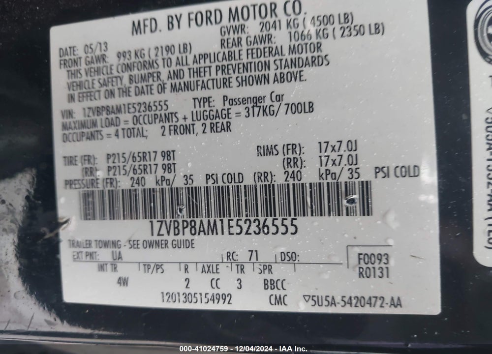 2014 FORD MUSTANG V6 PREMIUM VIN: 1ZVBP8AM1E5236555