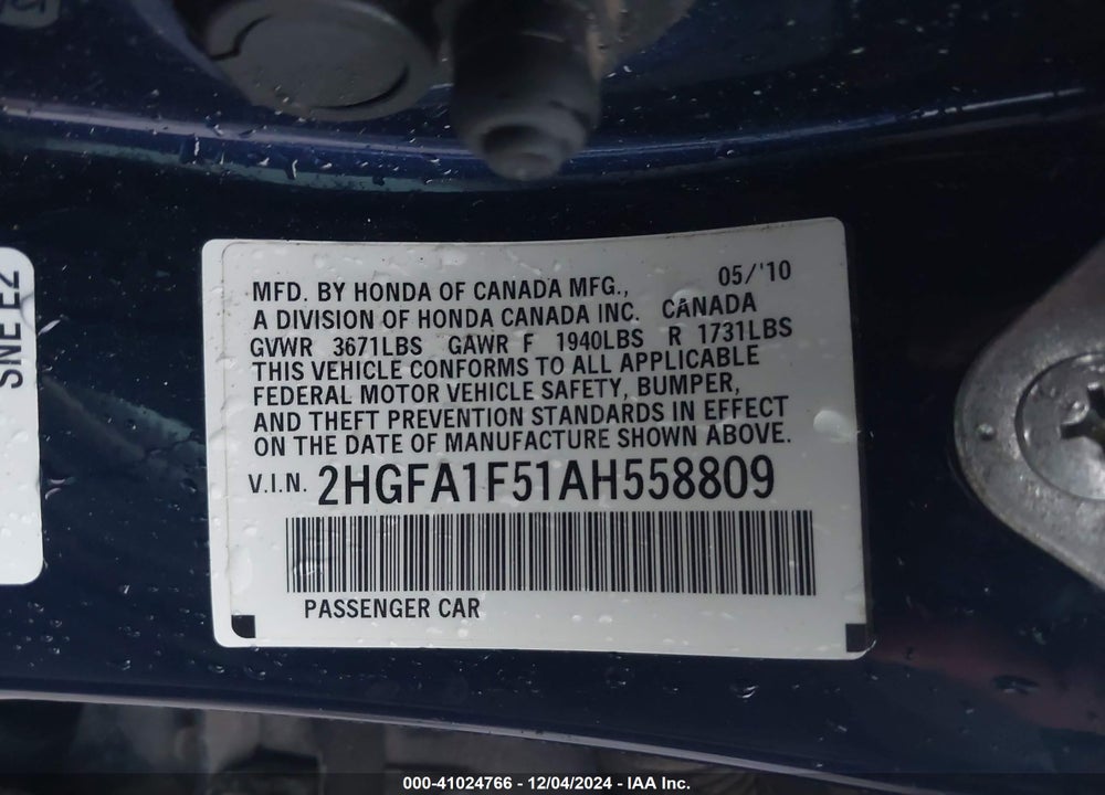 2010 HONDA CIVIC LX VIN: 2HGFA1F51AH558809