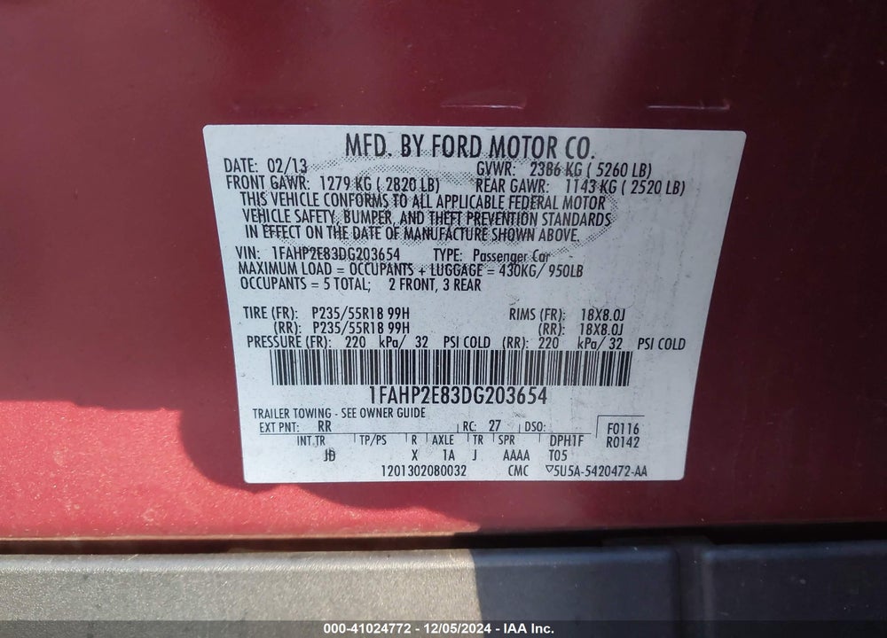 2013 FORD TAURUS SEL VIN: 1FAHP2E83DG203654