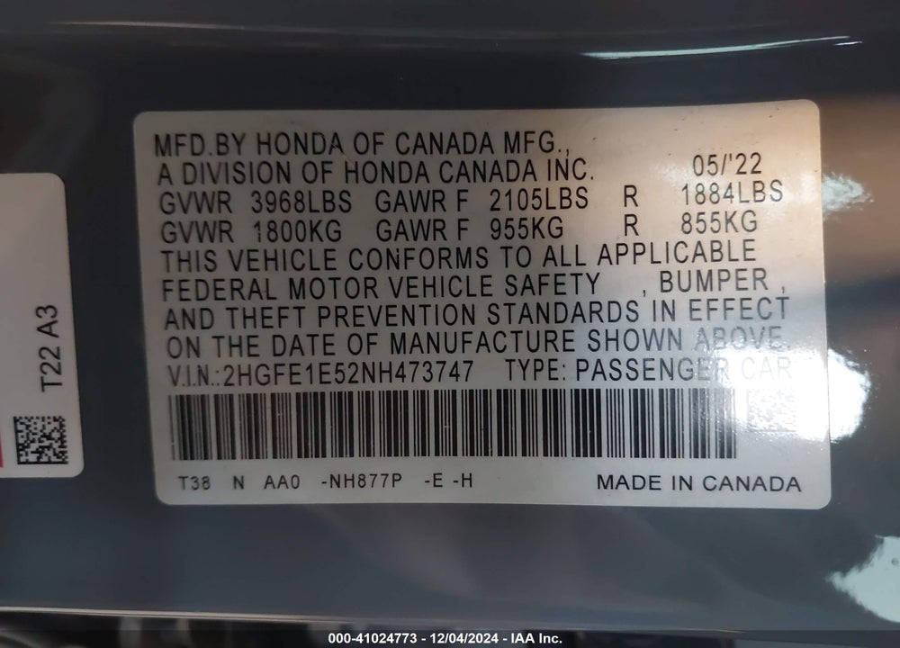 2022 HONDA CIVIC SI SEDAN VIN: 2HGFE1E52NH473747