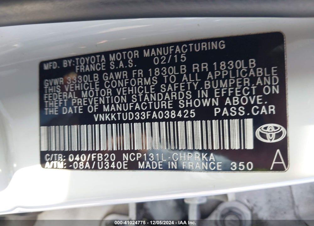 2015 TOYOTA YARIS LE VIN: VNKKTUD33FA038425