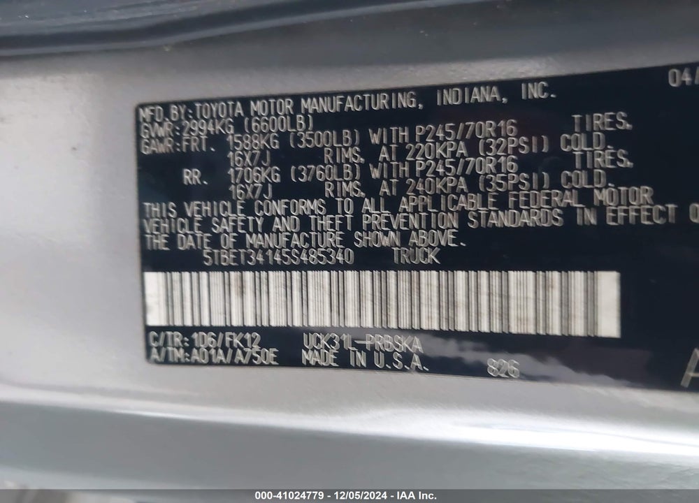 2005 TOYOTA TUNDRA SR5 V8 VIN: 5TBET34145S485340