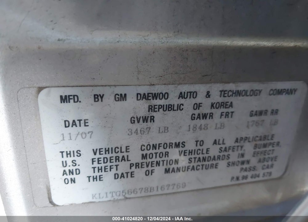 2008 CHEVROLET AVEO VIN: KL1TG56678B167769
