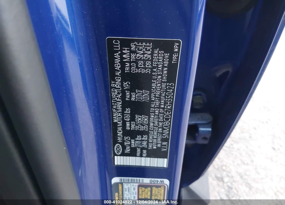 2024 HYUNDAI TUCSON SEL VIN: 5NMJBCDE7RH350423