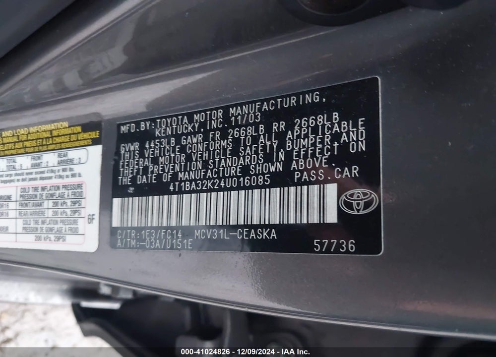 2004 TOYOTA CAMRY SE V6 VIN: 4T1BA32K24U016085