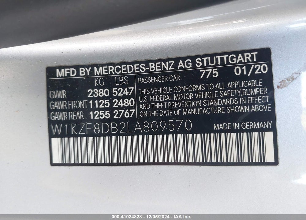2020 MERCEDES-BENZ E 350 VIN: W1KZF8DB2LA809570