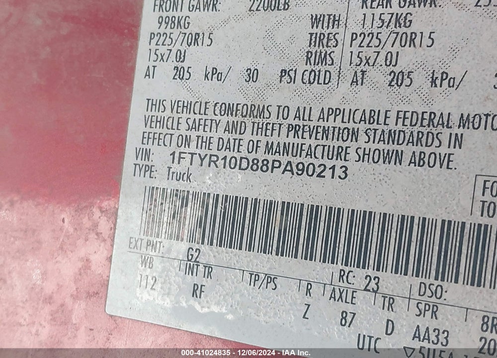 2008 FORD RANGER XL/XLT VIN: 1FTYR10D88PA90213