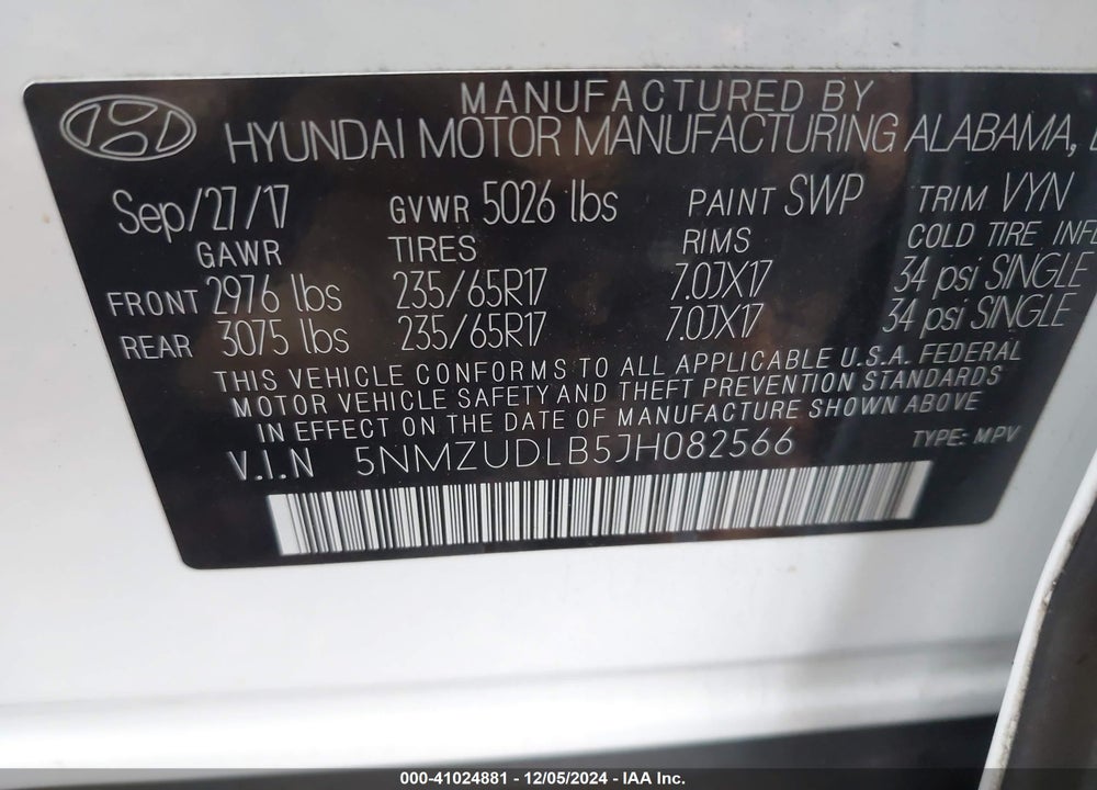 2018 HYUNDAI SANTA FE SPORT 2.4L VIN: 5NMZUDLB5JH082566