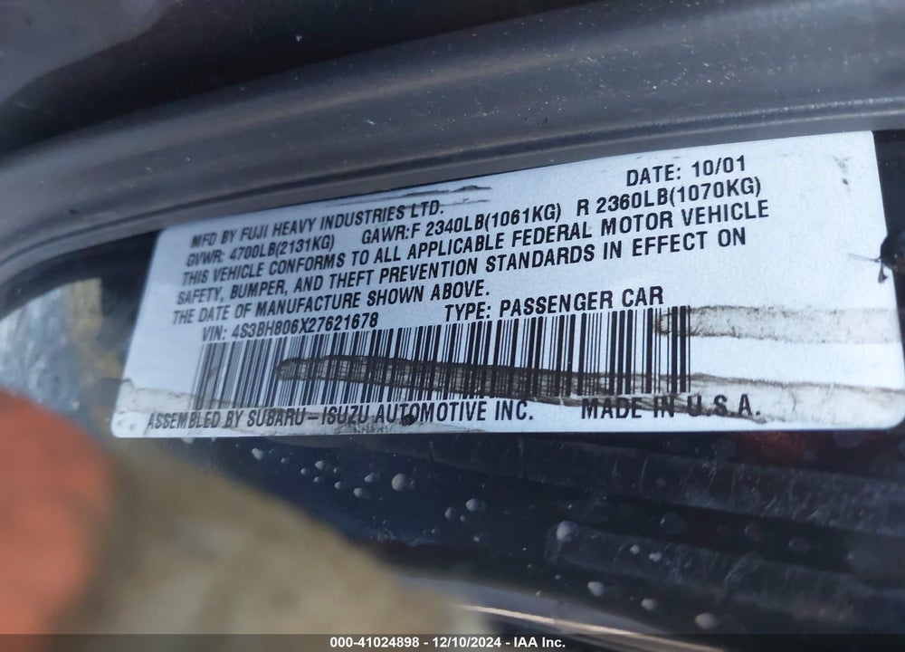 2002 SUBARU OUTBACK H6-3.0 L.L. BEAN EDITION VIN: 4S3BH806X27621678