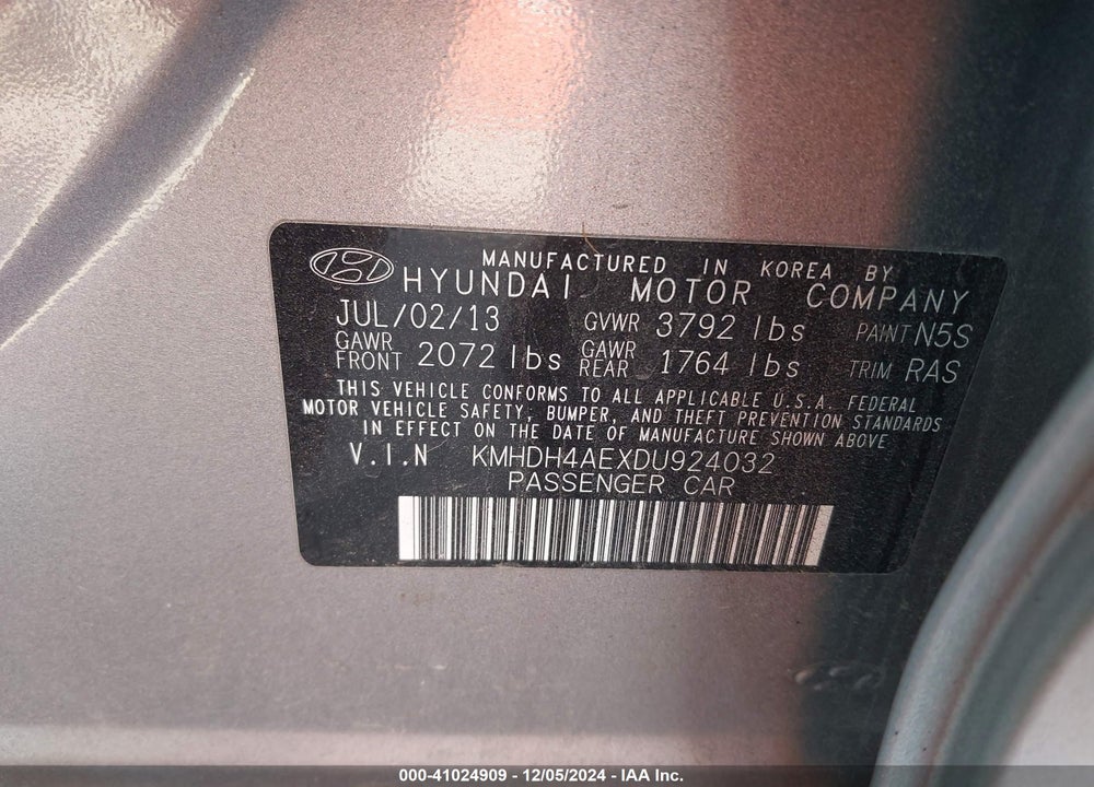2013 HYUNDAI ELANTRA GLS VIN: KMHDH4AEXDU924032