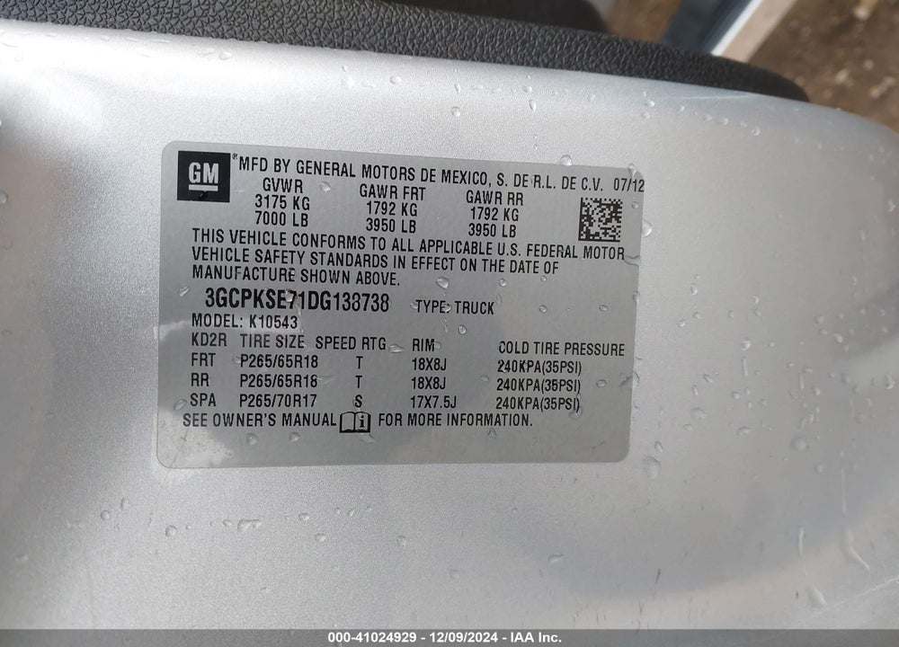 2013 CHEVROLET SILVERADO 1500 LT VIN: 3GCPKSE71DG138738