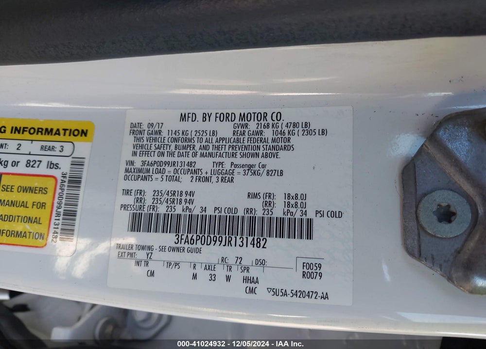 2018 FORD FUSION TITANIUM VIN: 3FA6P0D99JR131482