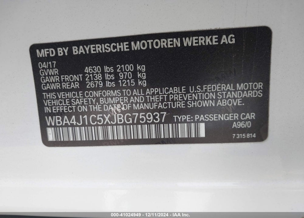 2018 BMW 430I GRAN COUPE VIN: WBA4J1C5XJBG75937