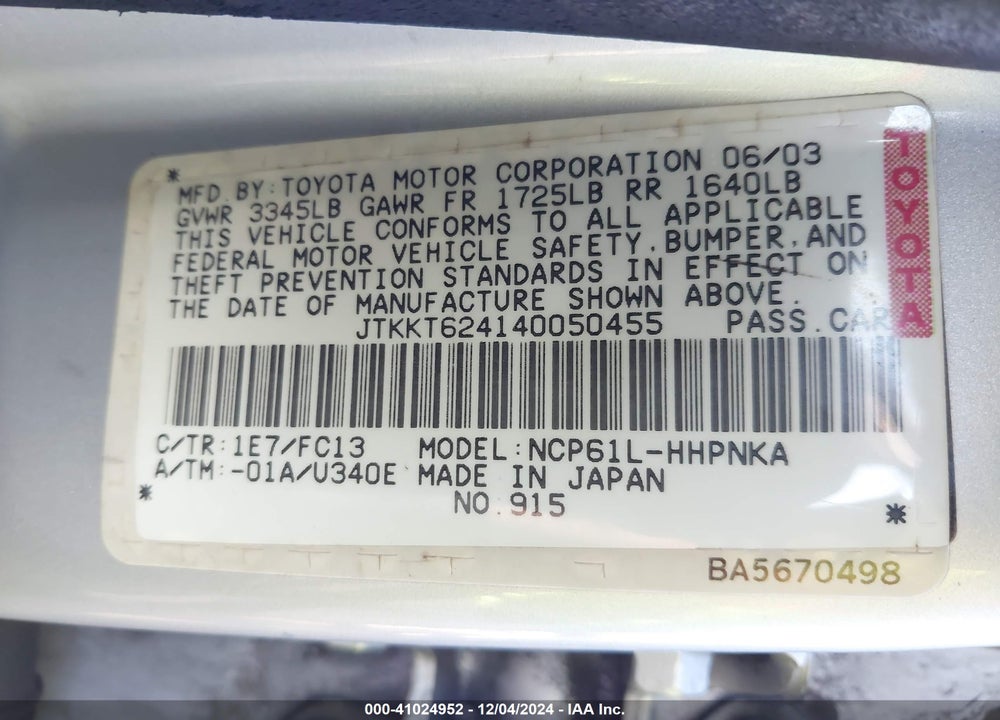 2004 SCION XA VIN: JTKKT624140050455