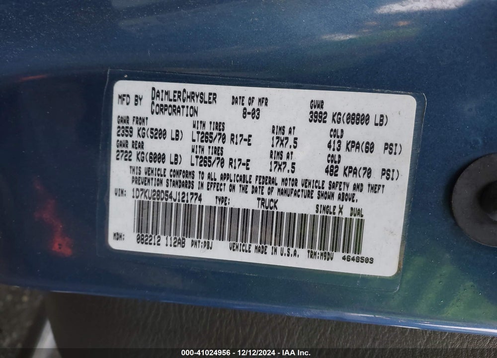 2004 DODGE RAM 2500 SLT/LARAMIE VIN: 1D7KU28D54J121774